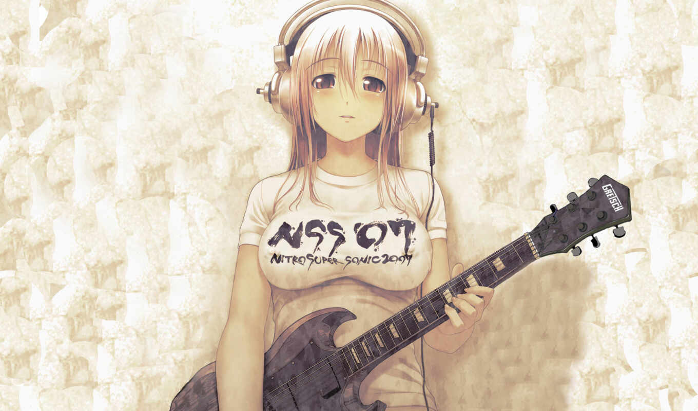 girl, guitar, anim, earpiece