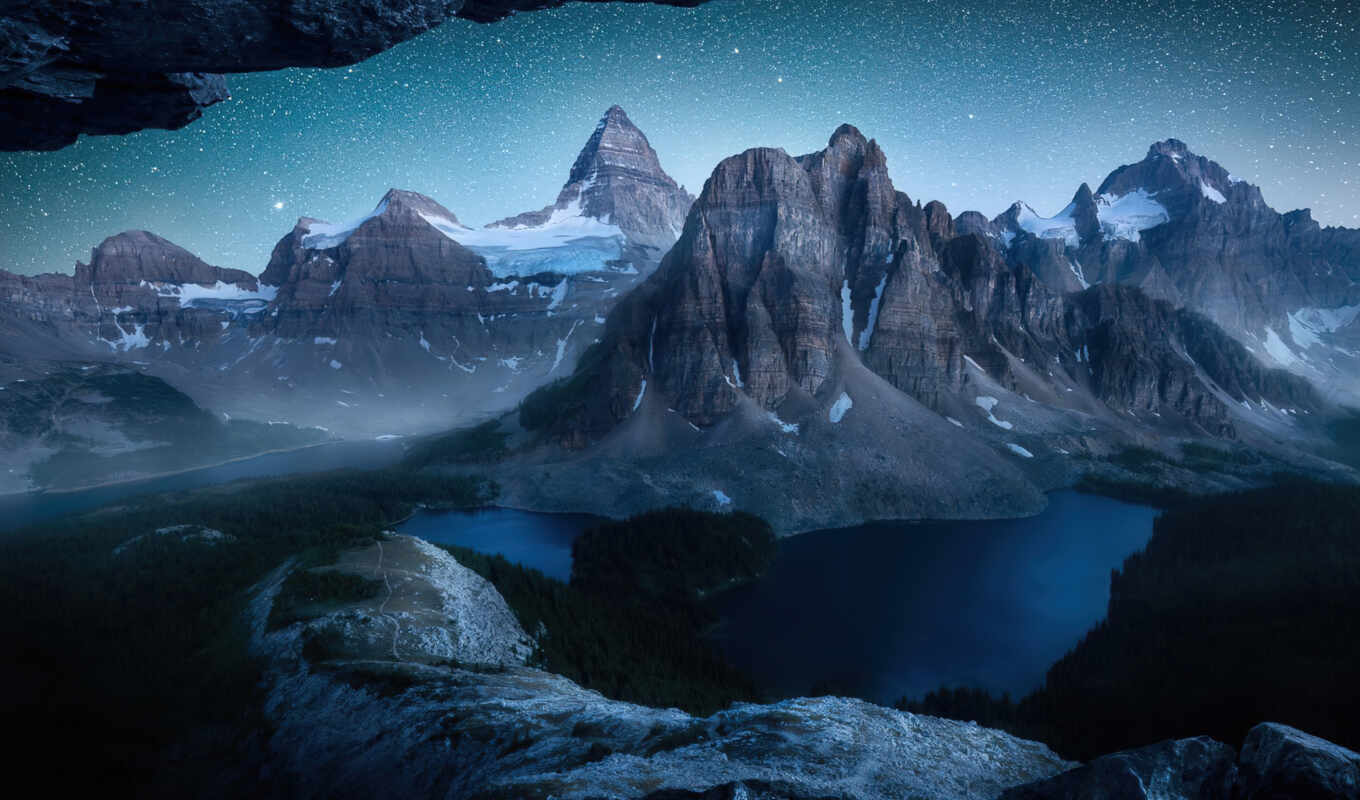 озеро, природа, ночь, гора, landscape, gallery, канада, путь, starry, assiniboine, rare