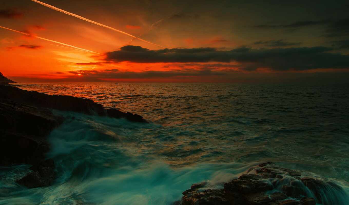 sky, background, sunset, night, beach, rock, sea, wave
