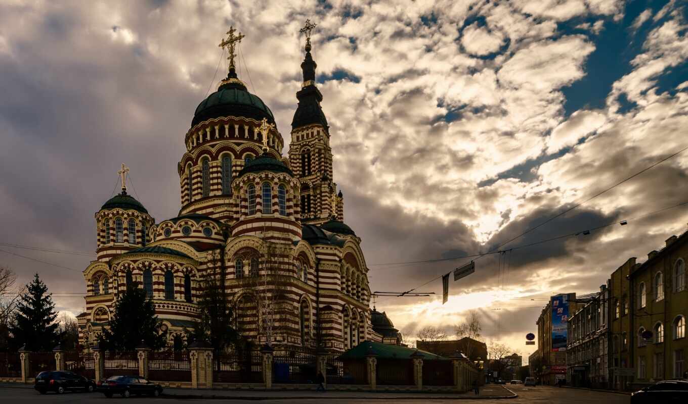 street, cathedral, ukrainian, cloud, Kharkiv, Blagoveshchensk, saintly
