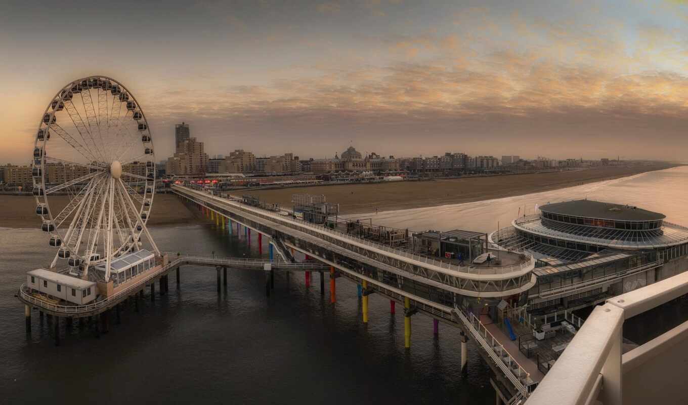 nature, sunset, city, Bridge, lights, Netherlands, pier, that, bridge, picturesmania, scheveningen