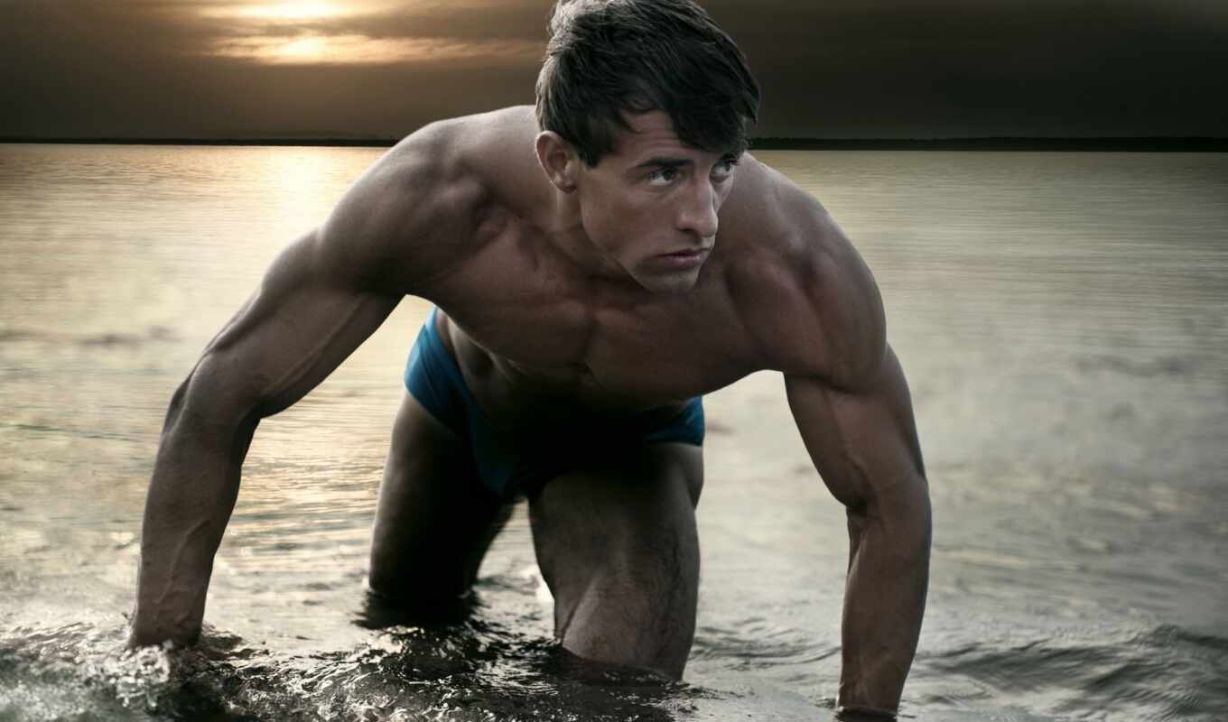 мужчина, water, парень, море, мышцы, атлет, waters, выходит