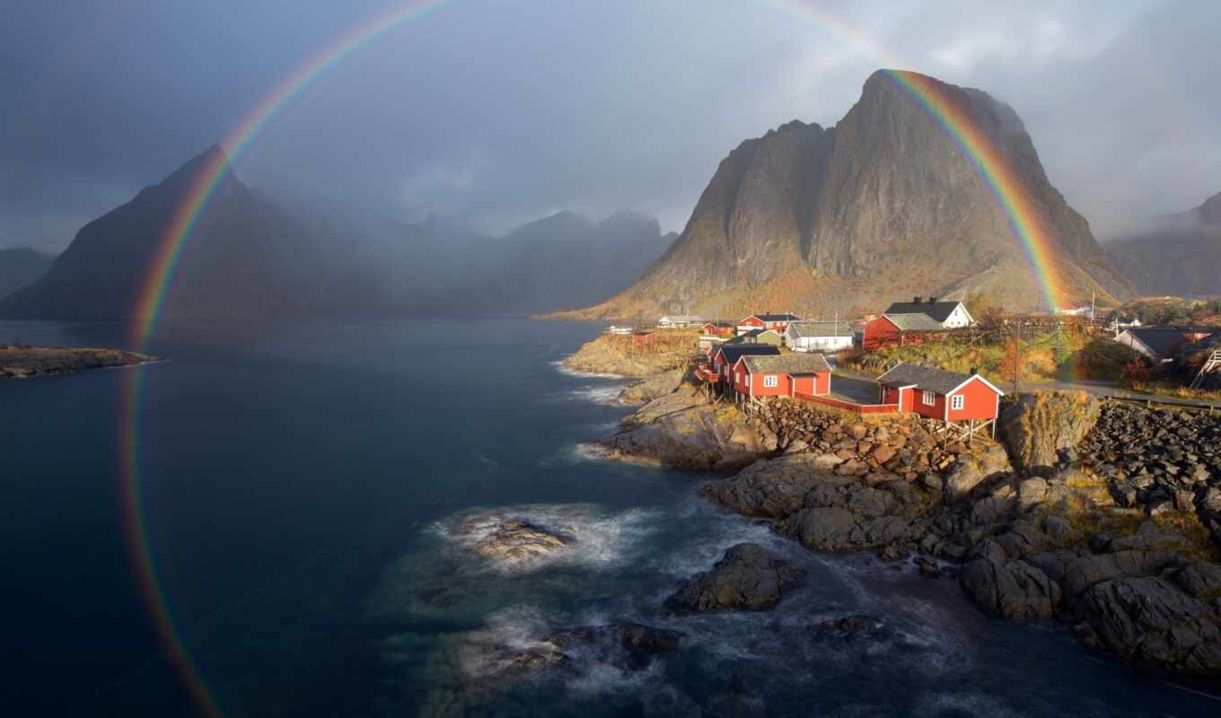 rainbow, mountain, sea, village, for, over