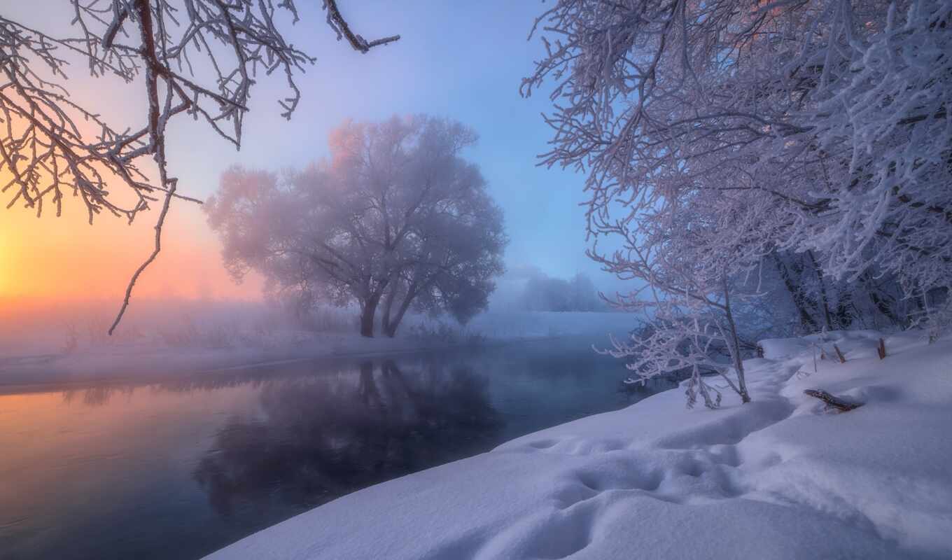 nature, frost, snow, winter, landscape, river, sunrise, id