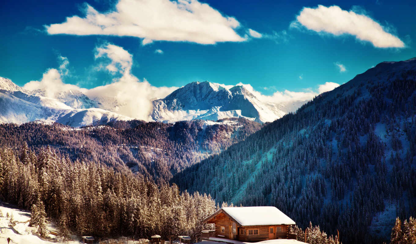 природа, дома, winter, austrian, горы, холмы, леса