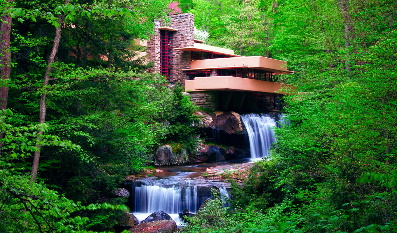 architecture, countries, spring, waterfall, trees, levels, falling water