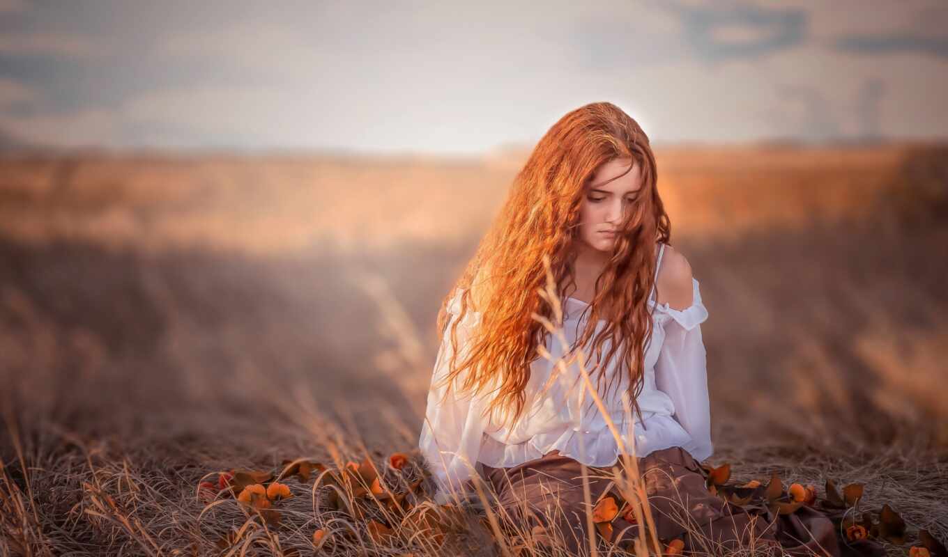 взгляд, девушка, трава, поле, волосы, глаза, und, модель, осень