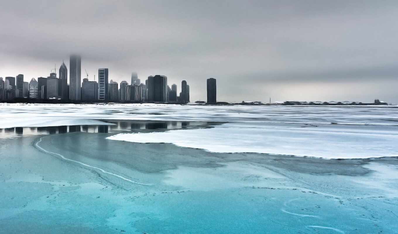 лед, город, winter, cityscape, облако, build, взлёт, chicago