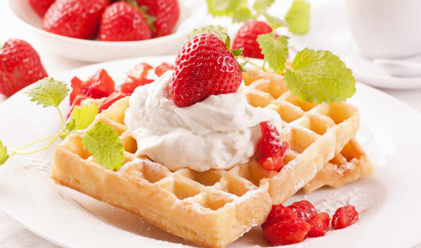 strawberry, meal, waffle