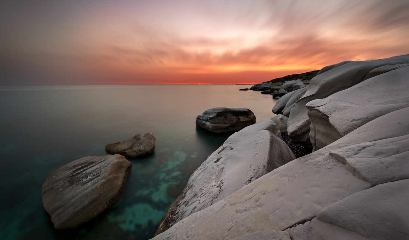 sunset, rock, landscape, sea, coast, Cyprus