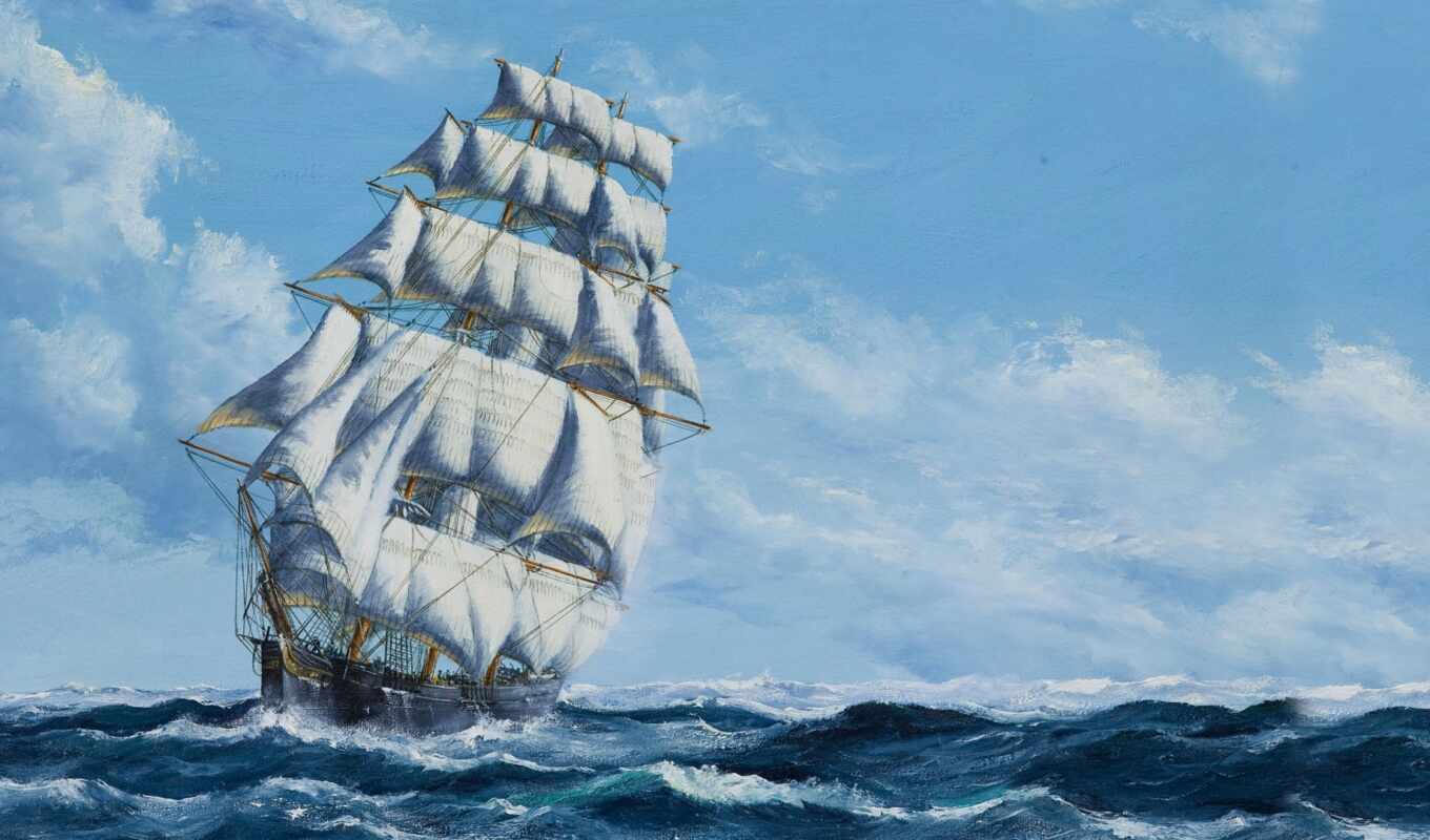 небо, взгляд, картинка, корабль, живопись, море, drawing, sailboat, sail, сбоку