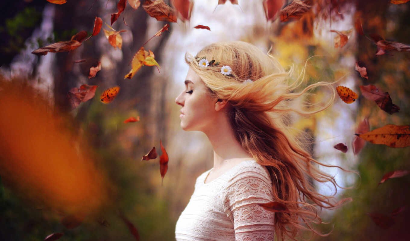 girl, blonde, portrait, autumn, wind, mouth, fly, leaf