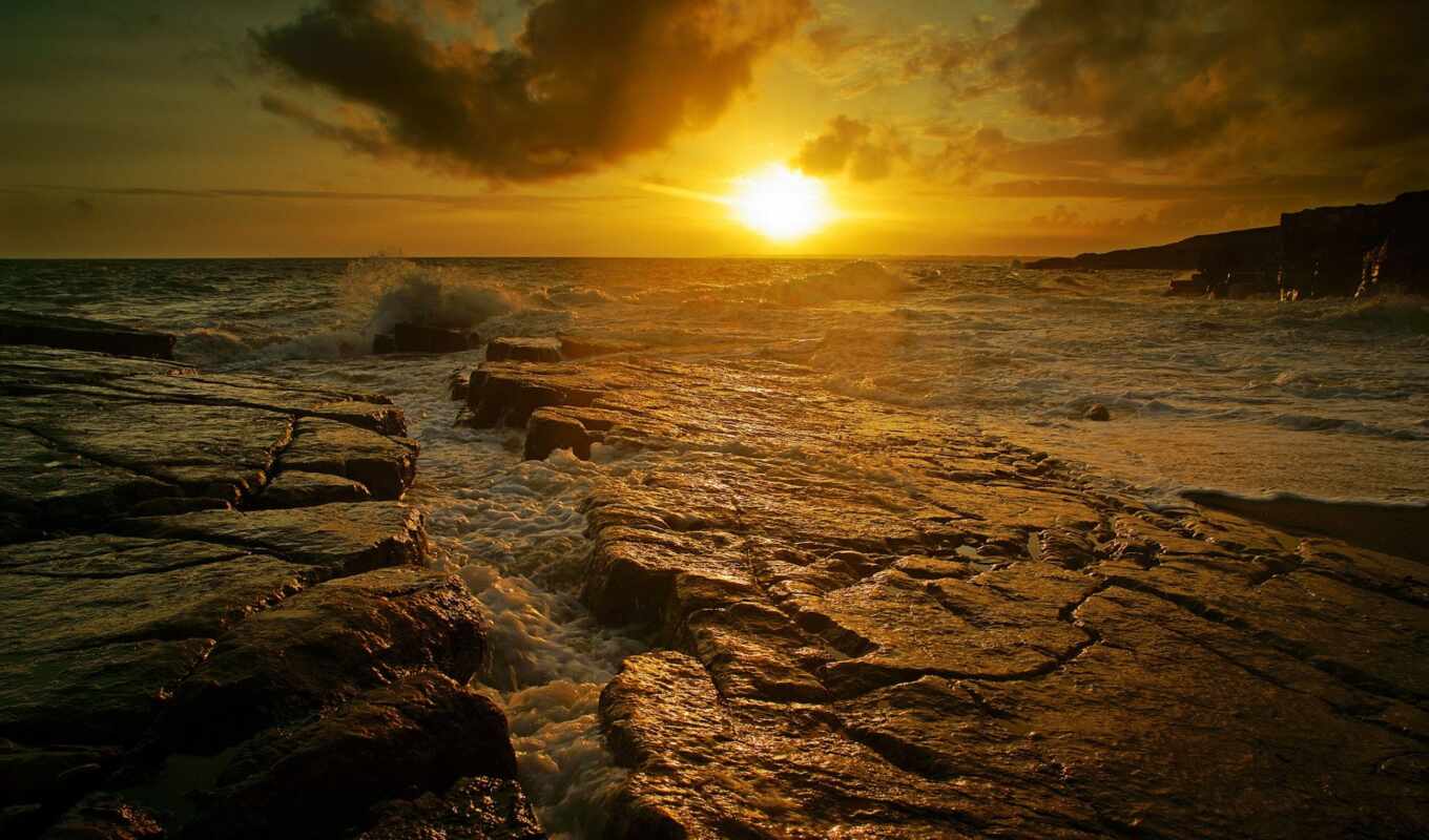 desktop, picture, sunset, sea, wave, stones, mayors