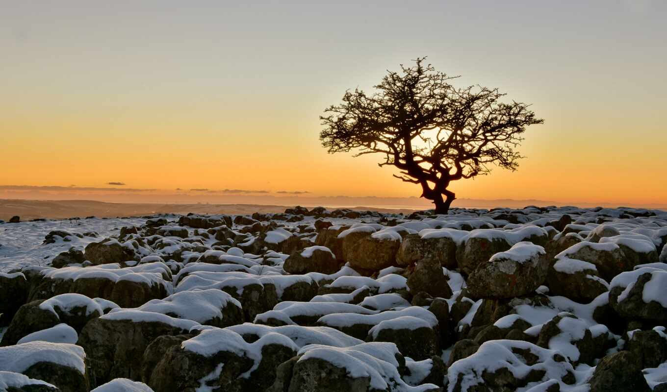 sky, red, tree, stone, sunset, snow, landscape, England, north