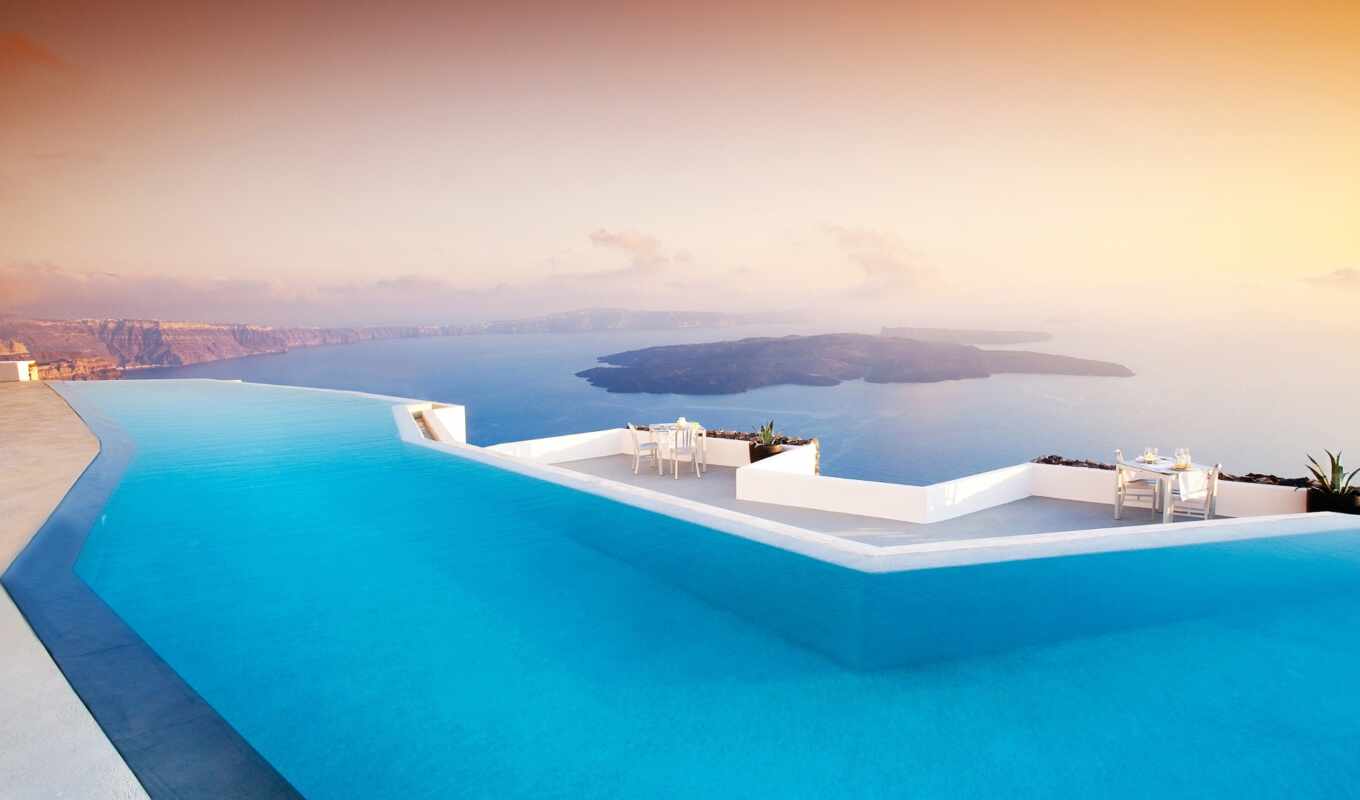 nature, sunset, night, hotel, sea, swimming pool, island, greece, santorinit