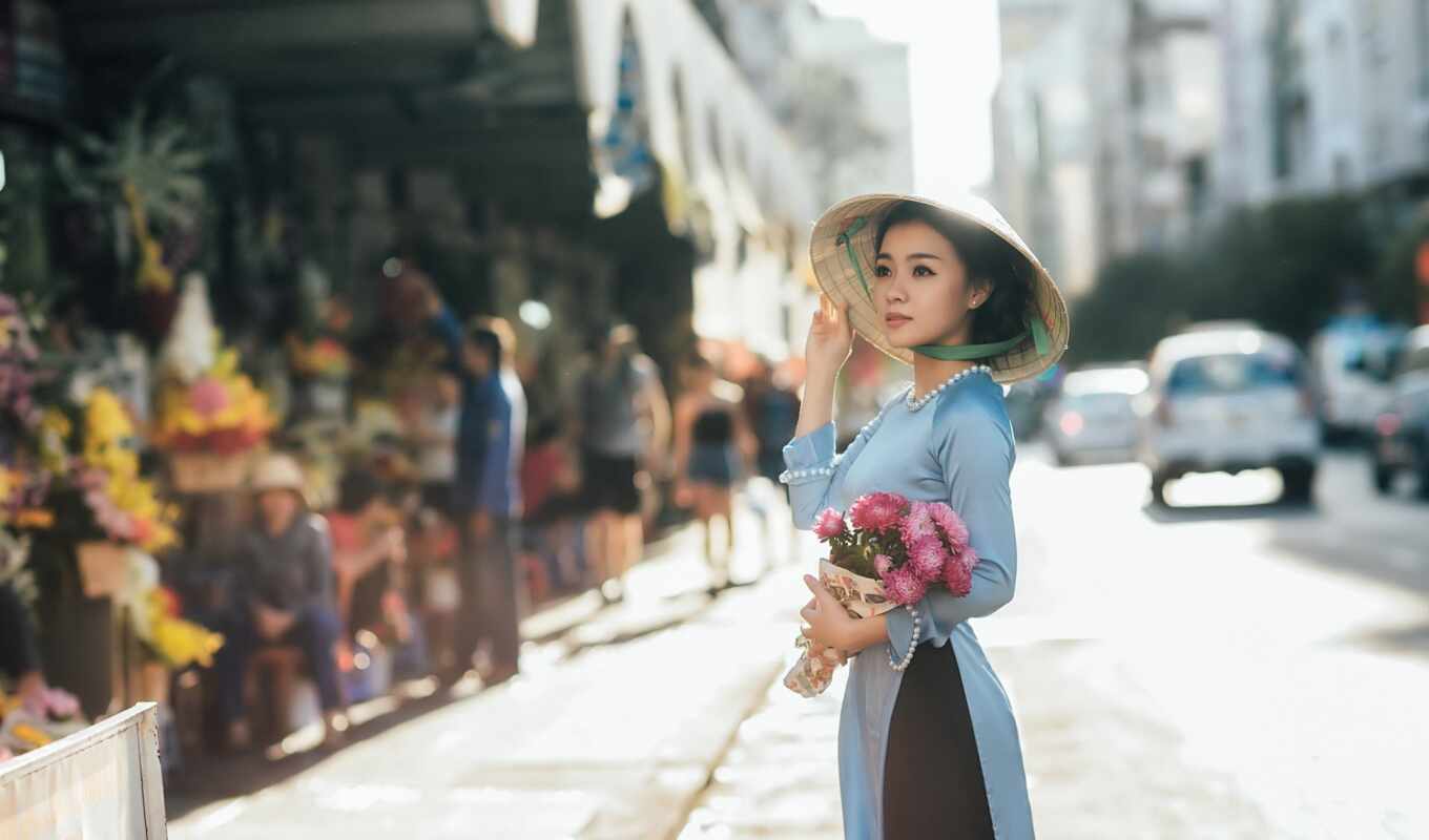 flowers, girl, bouquet, stand