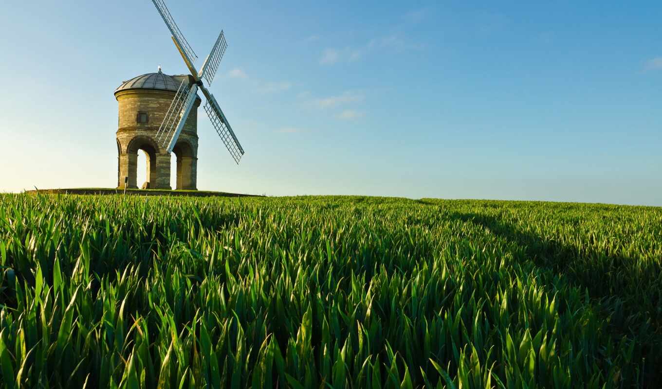 небо, desktop, зелёный, трава, поле, mill, ветряк