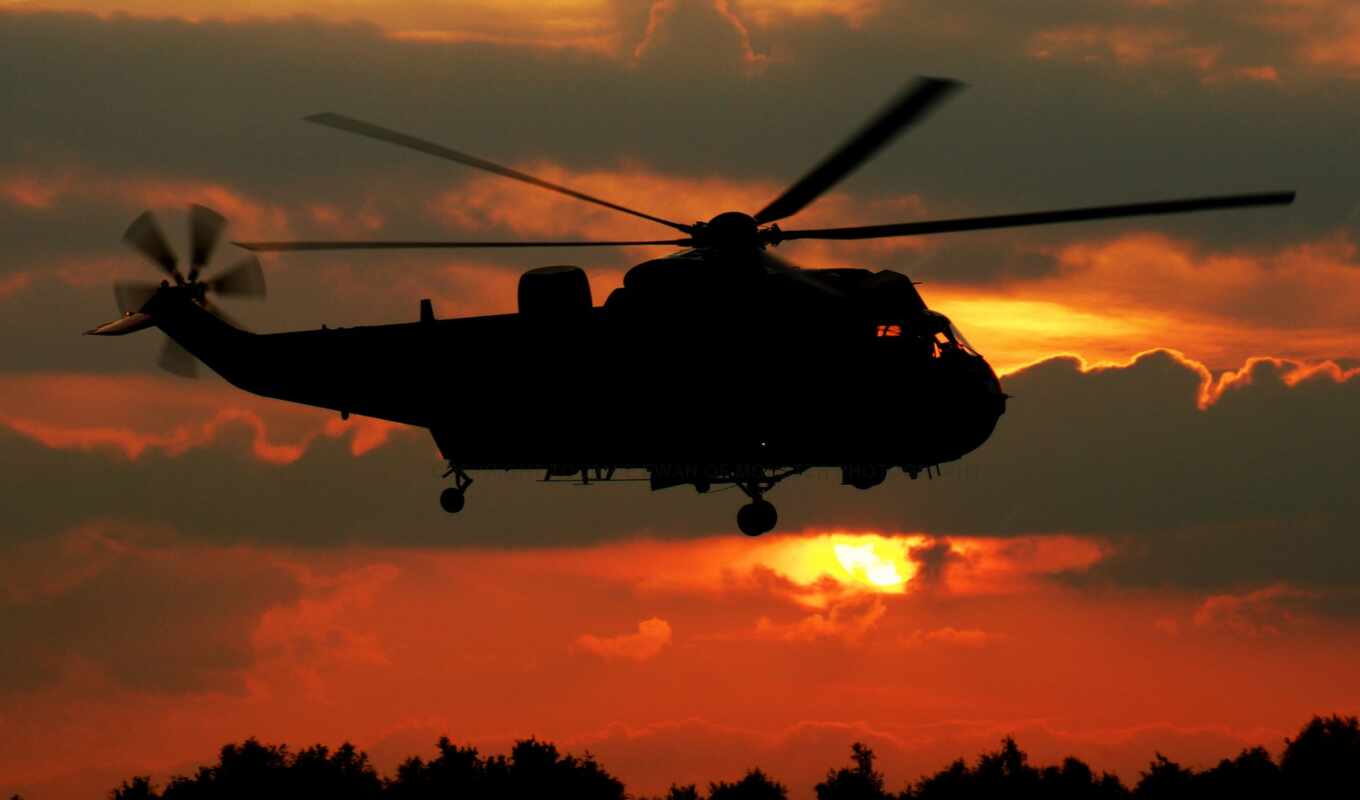 desktop, sunset, sea, king, a shadow, helicopter, clouds, aircraft, apache