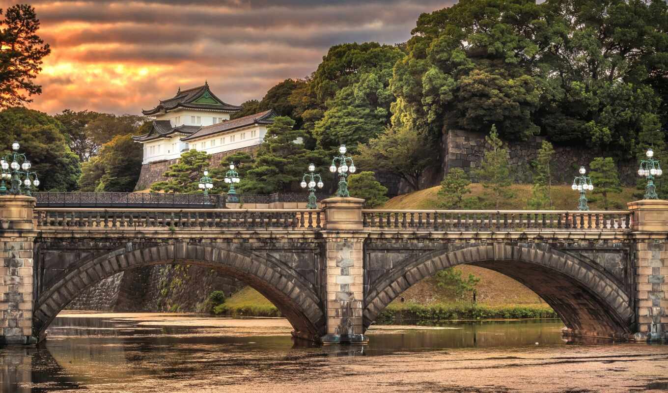 город, мост, japanese, tokyo, река, дворец, imperial, tokio