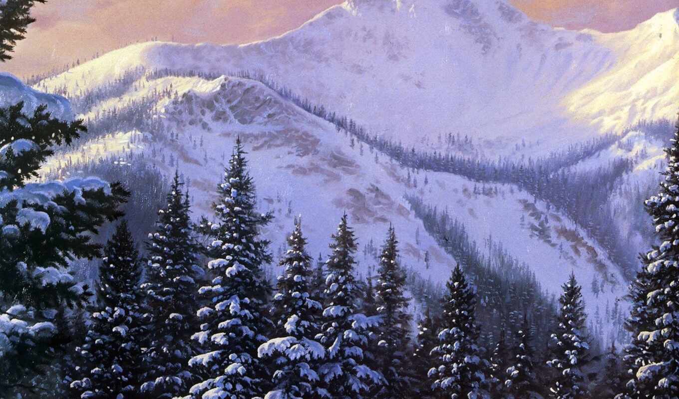 горы, обоев, снег, день, зима, cover, елки, timeline, painting, картина