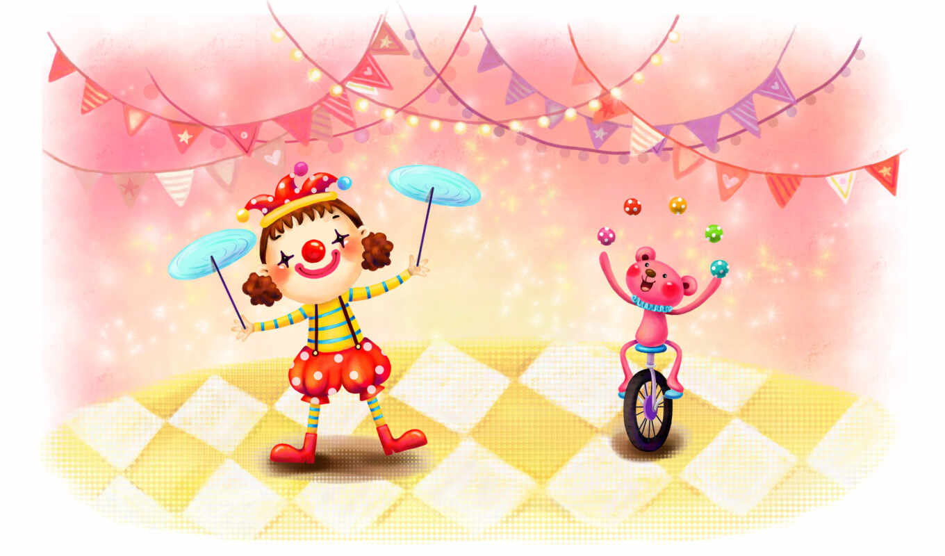 девочка, велосипед, мячи, клоун, медвежонок, гирлянда, нарисованные, клоуны, тарелки, жонглирование, прутики
