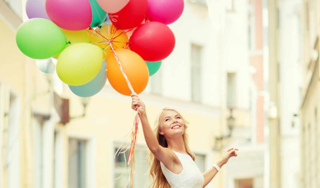 girl, woman, baby, lives, city, colorful, balls, balloons, aircraft