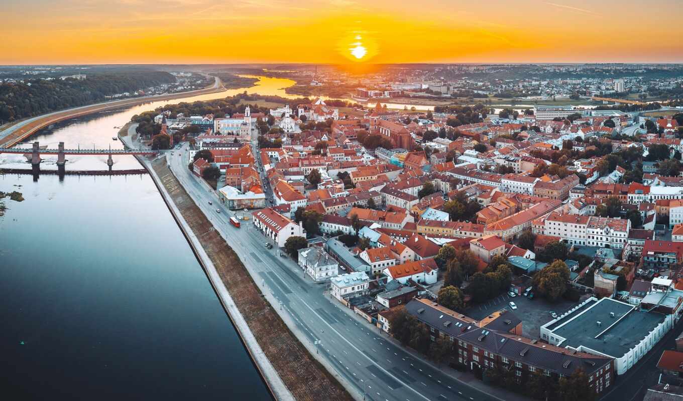 sunset, city, Lithuania, Kaunas