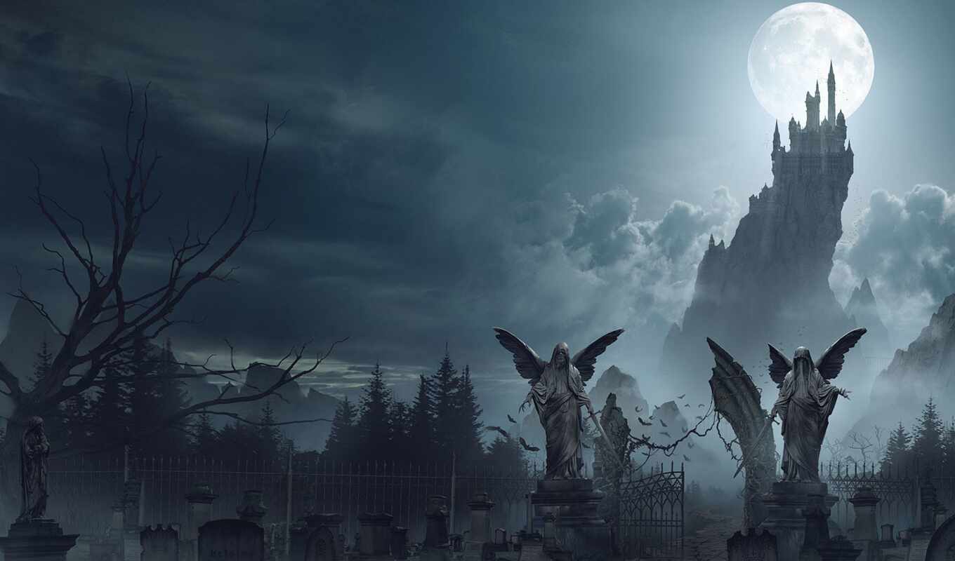 moon, statue, castle, angel, fog, dracula, cemetery