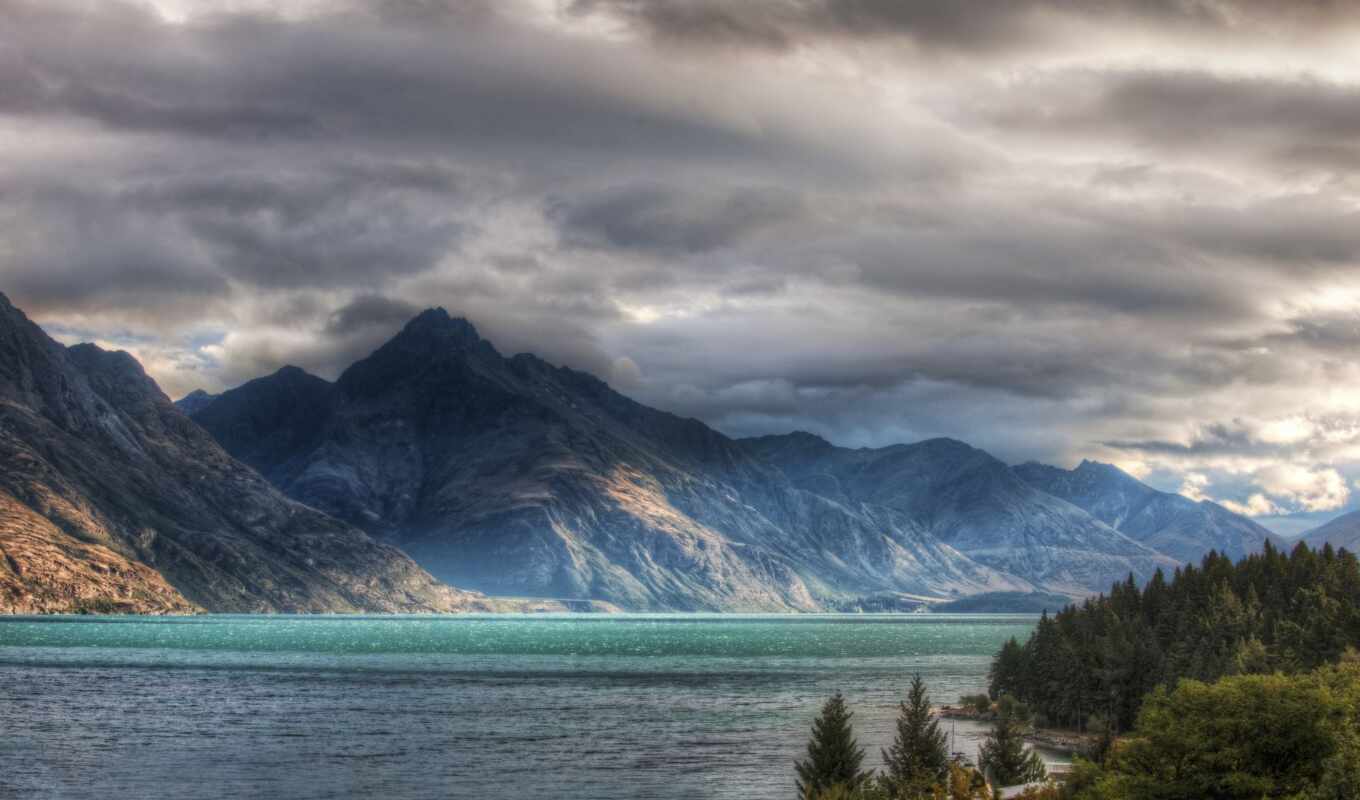 lake, ipad, water, multicolored, cloud, mountains, clouds, rocks, cloudy