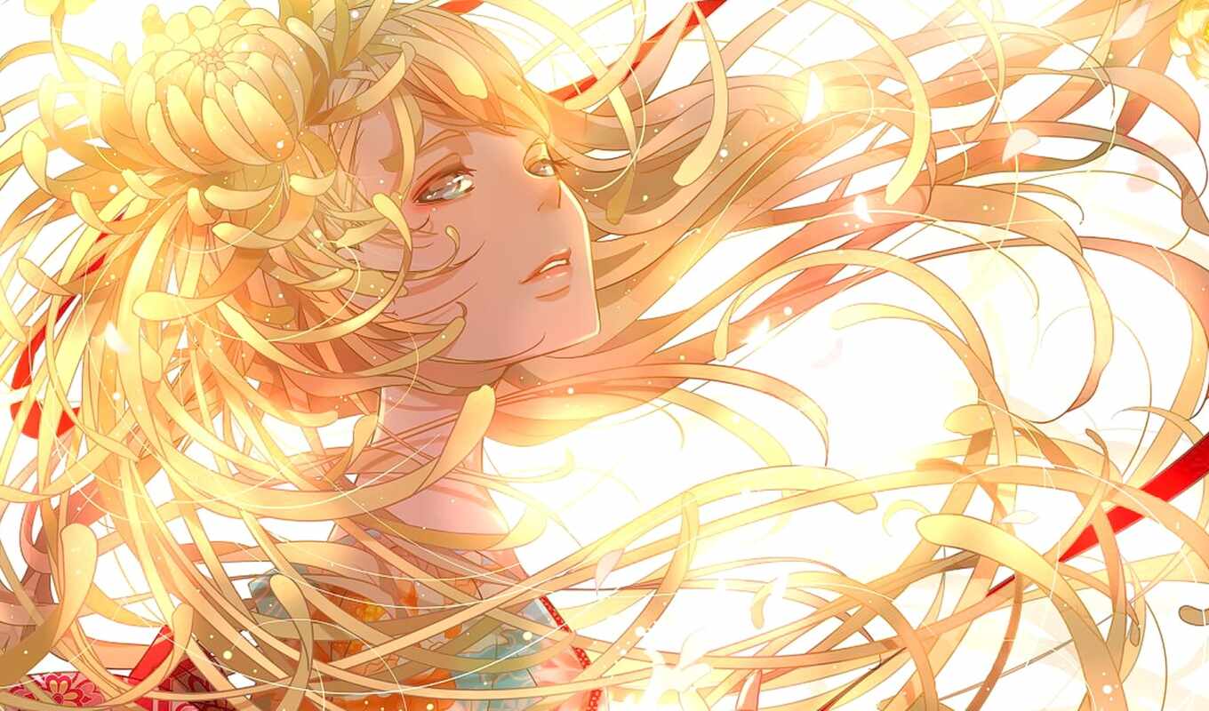 anime, blonde, волосы, girls, long, eyes, браун, illustration, nanahara