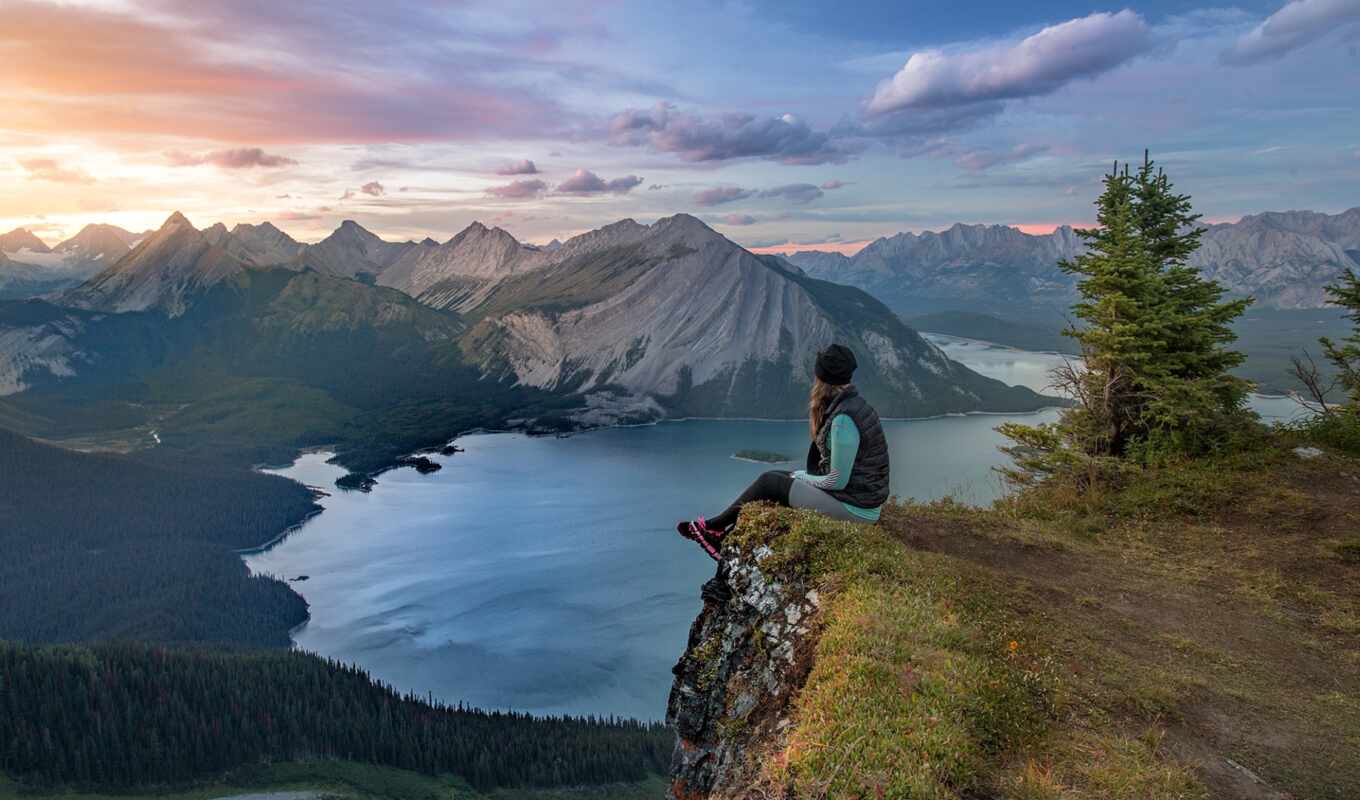 lake, girl, mountain, Canada, nature, gora, narrow, good ones, improvement, kananaskis