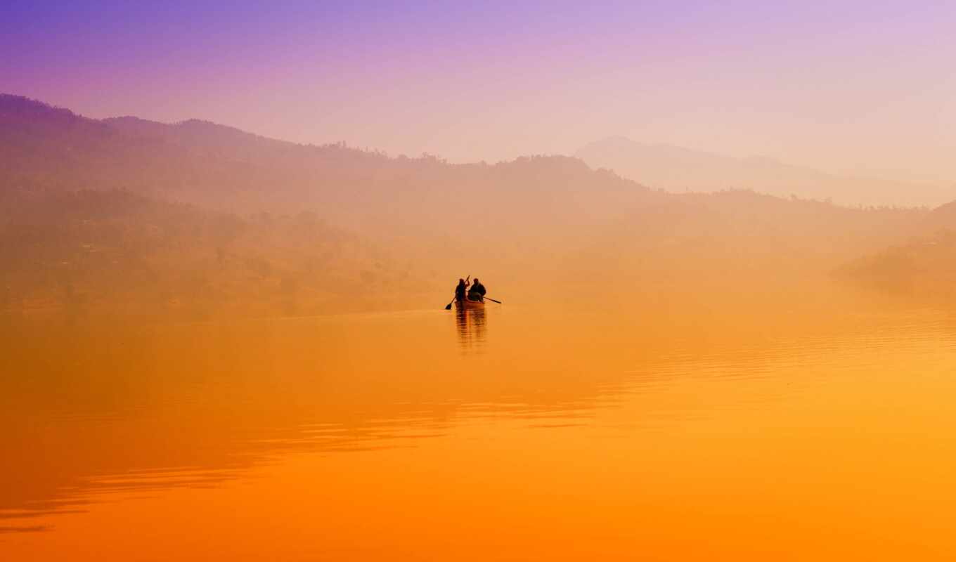 lake, sunrise, morning, fog, a boat
