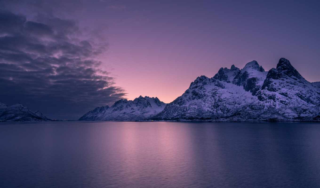 nature, sky, background, purple, sunset, water, mountain, horizon, Norway, archipelago, Lofoten islands