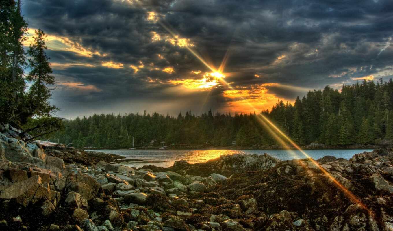 lake, sun, forest, evening, through, suns, rays, cloud, stones, mountains, clouds
