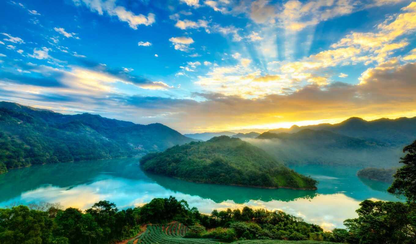 озеро, природа, небо, красивые, остров, rising, oblaka, горы