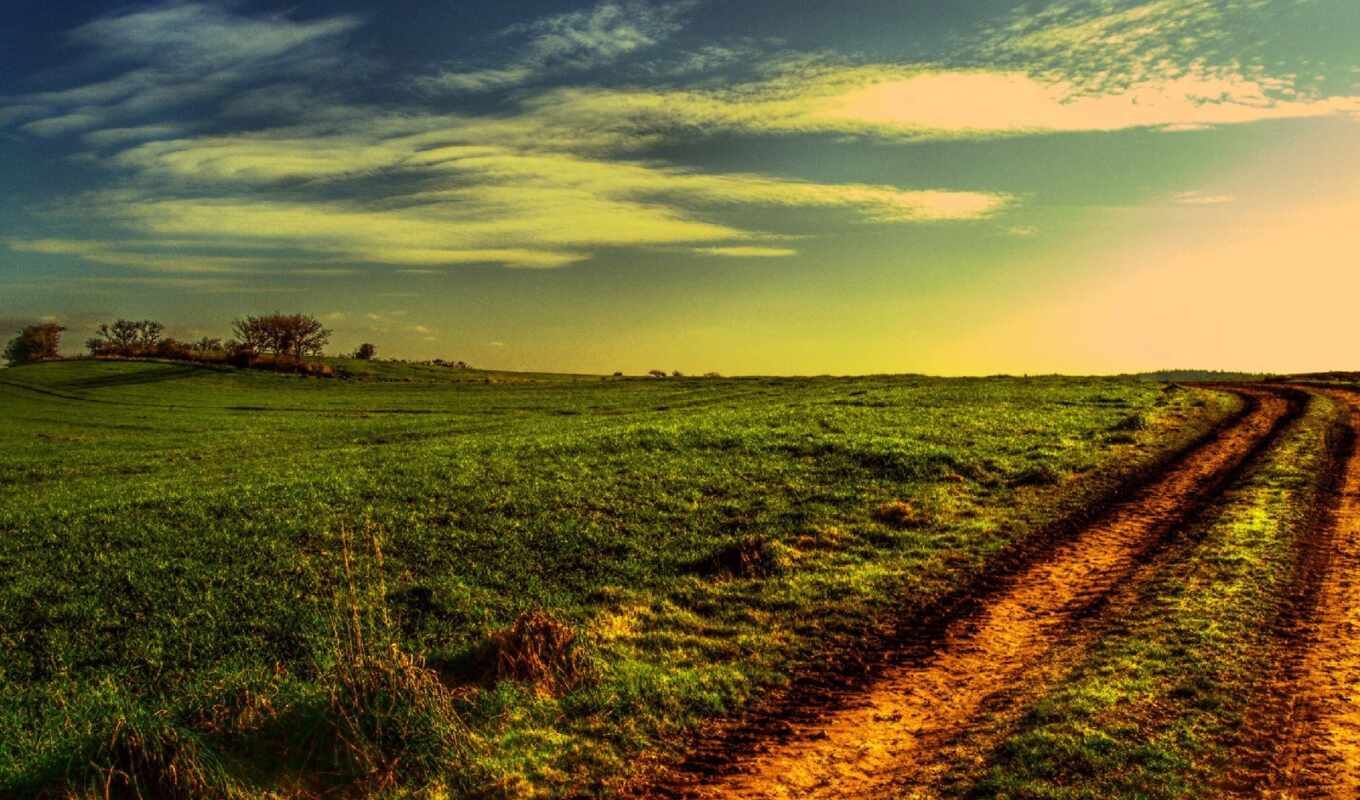 зелёный, закат, дорога, поле, вечер, landscape, оранжевый, тени