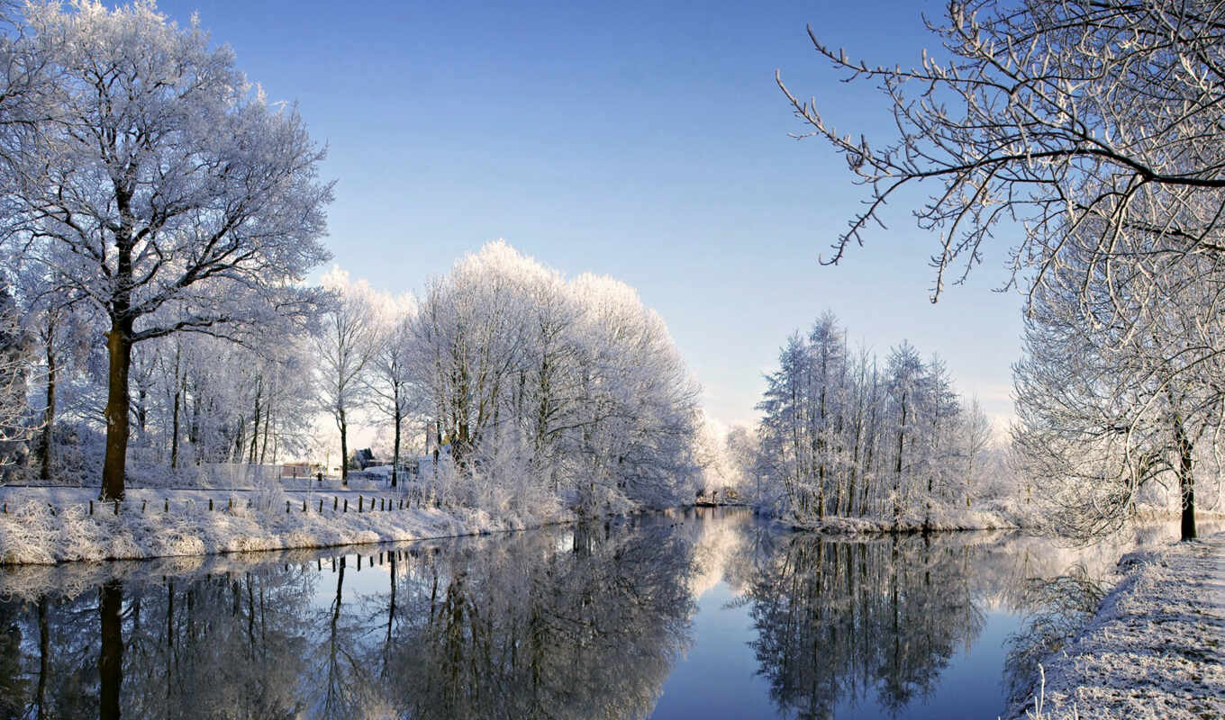 nature, frost, snow, winter, river, trees, initial
