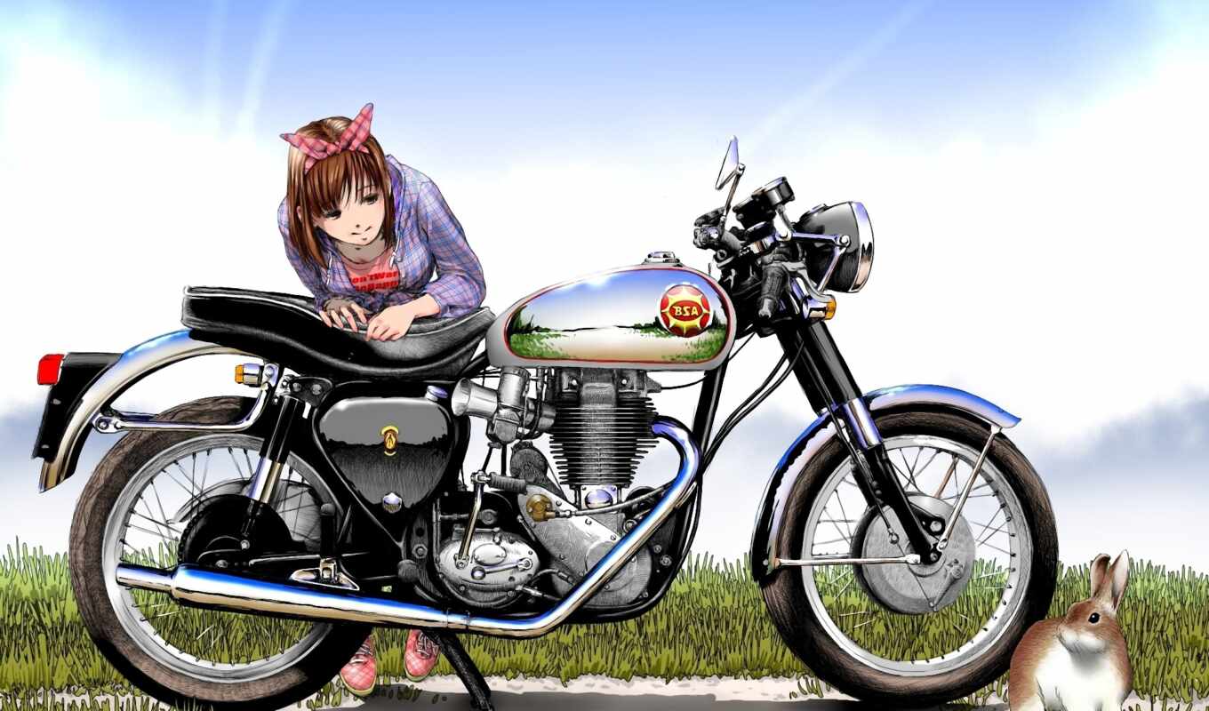 art, девушка, рисунок, мотоцикл, заяц