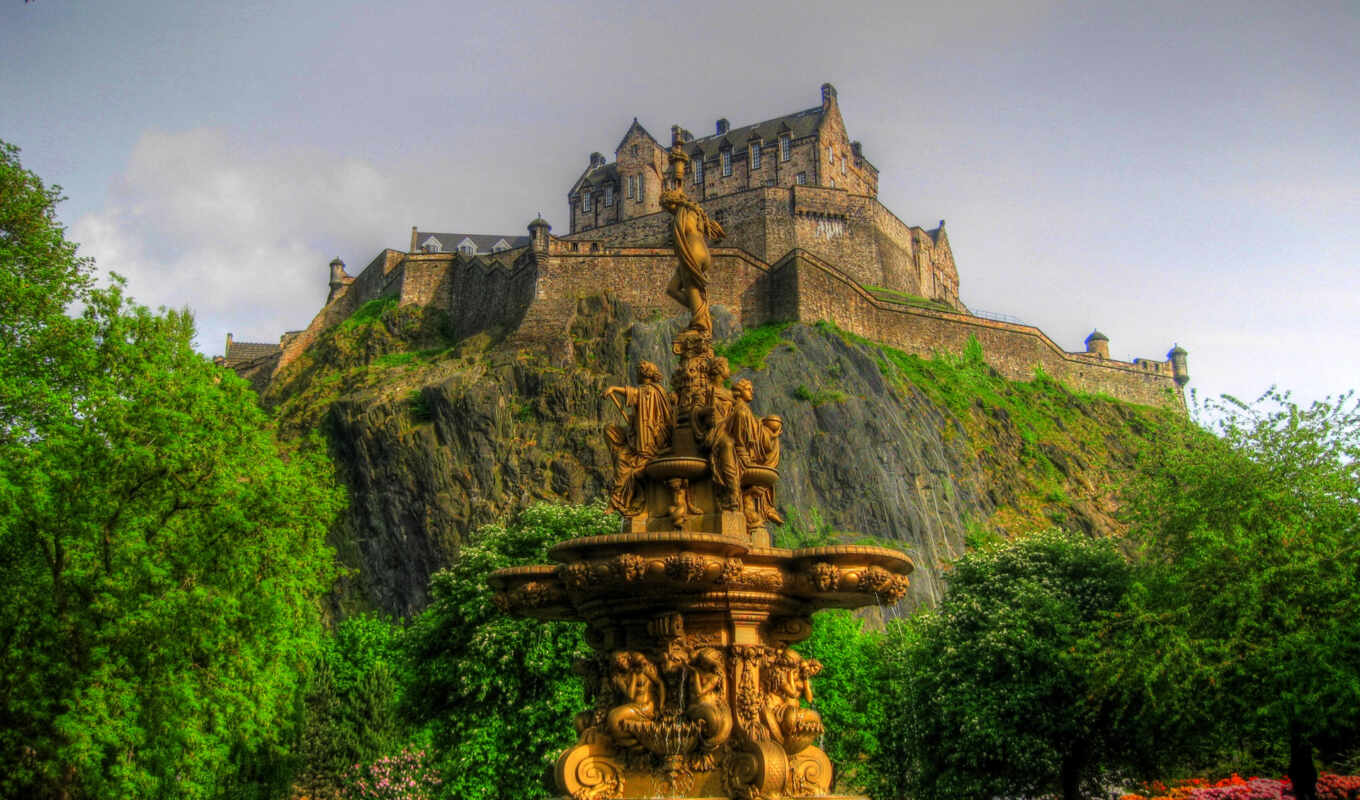 sky, mountain, castle, park, trees, hill, scotia, fountain, Edinburgh