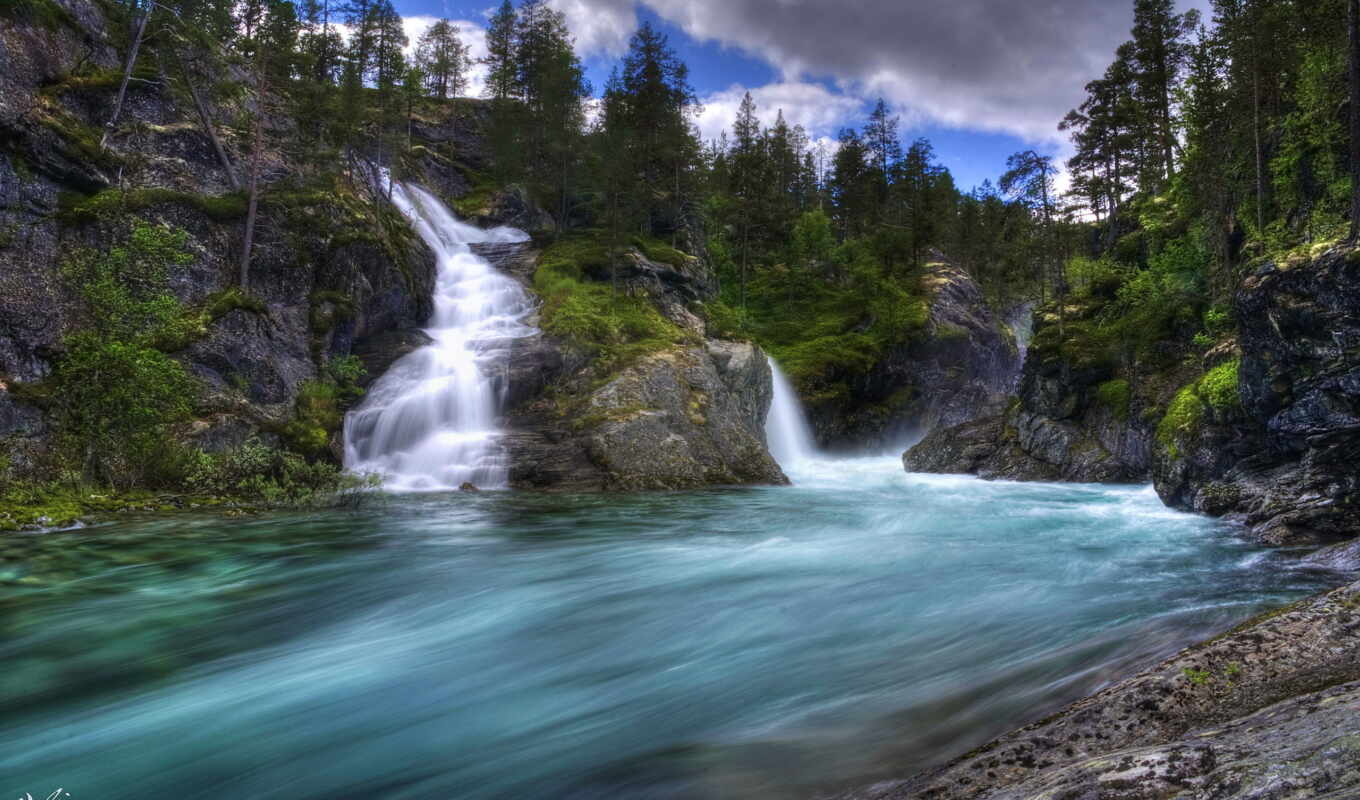 forest, river, hdr, wonderful, clouds, waterfalls, touching