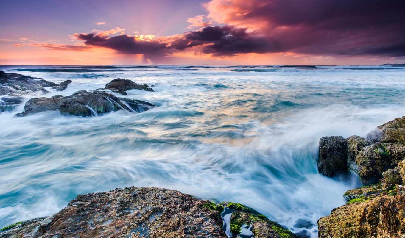nature, sunset, water, beach, rock, sea, long, cloud, dimension, exposure