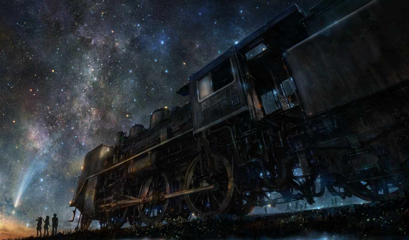 sky, art, night, a train, galaxy, starry, stars, iy, tujiki