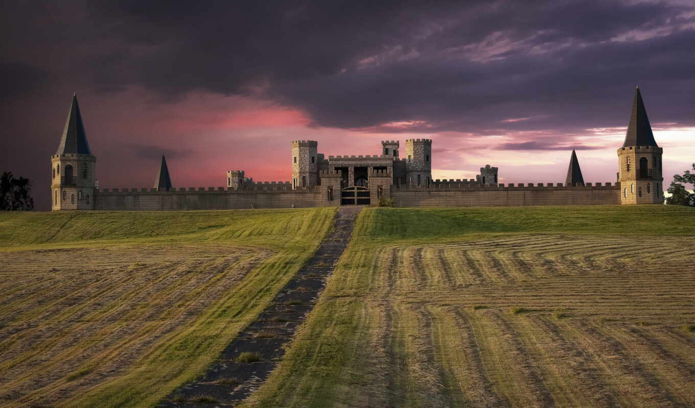 sky, sunset, field, evening, USA, castle, pink, fortress, clouds