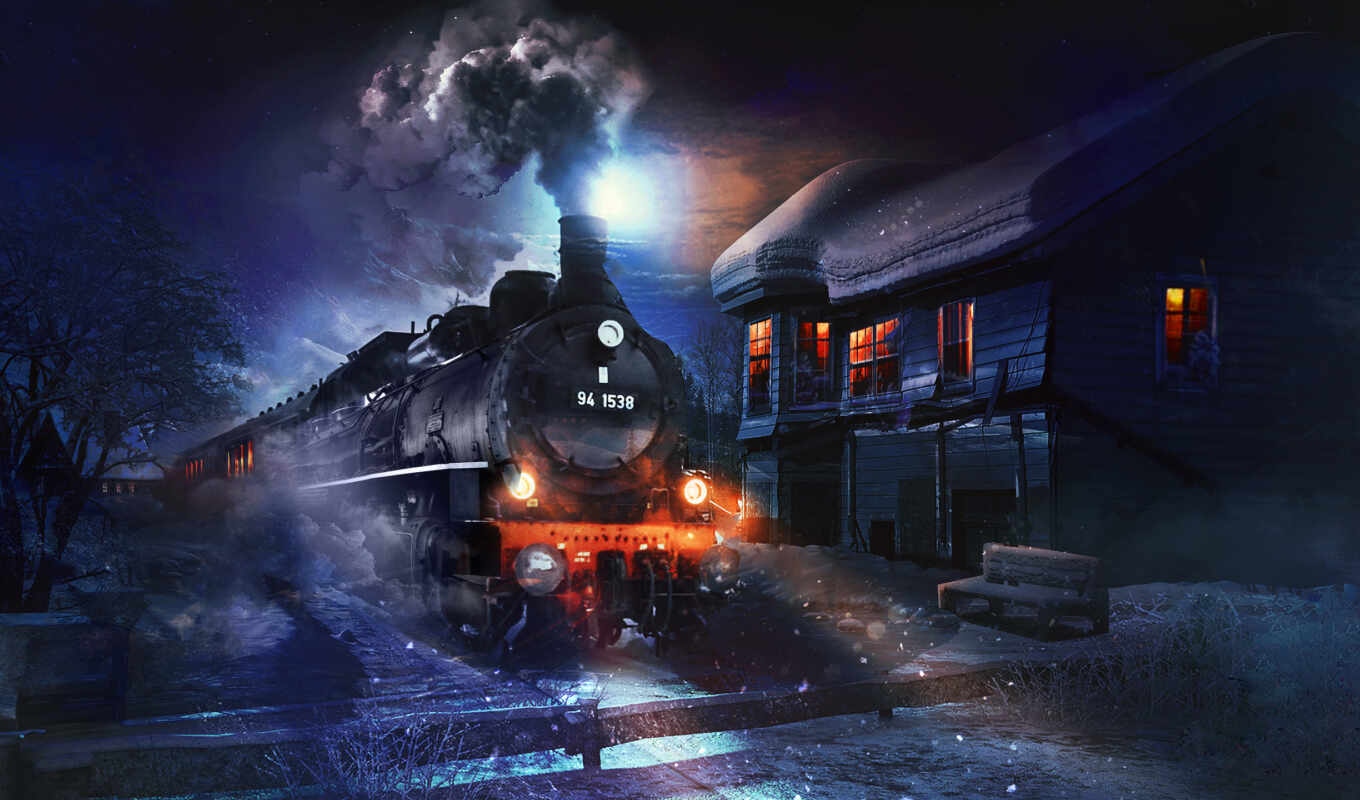 ночь, снег, winter, поезд, локомотив, захватывающий