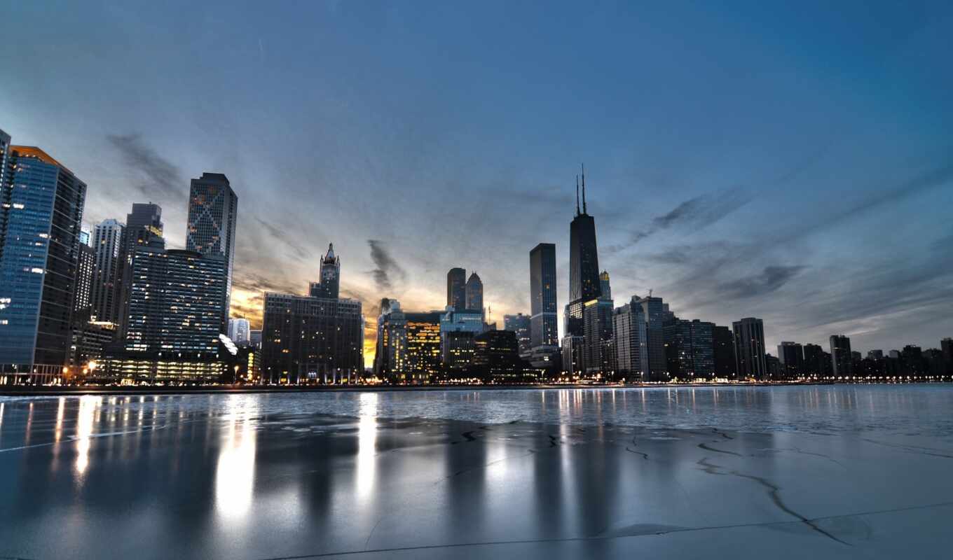 небо, город, ночь, cityscape, skyline, море, usa, отражение, build, chicago, flarewallpaper