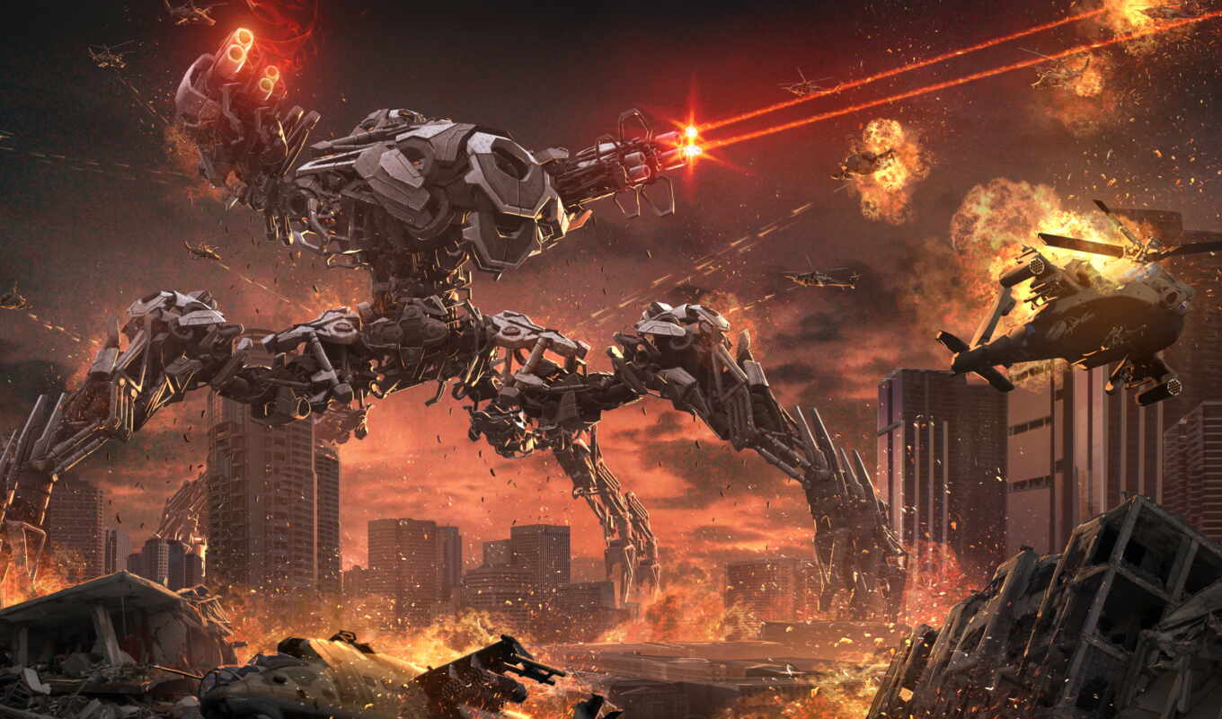 robot, фантастика, город, огонь, мегаполис, вертолет, cyberpunk, уничтожение, разруха
