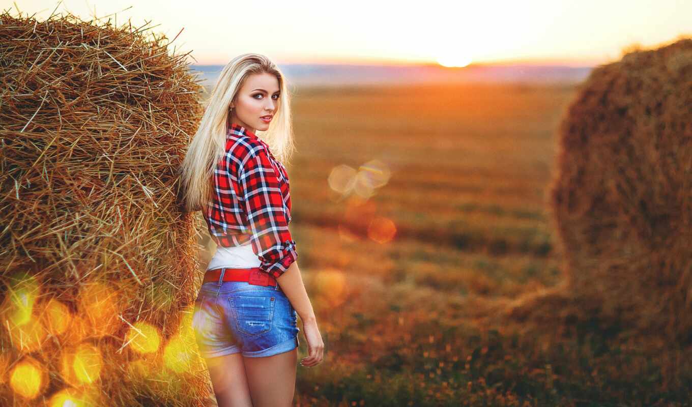 girl, picture, blonde, field, pants, shirt, straw, back, package, charming