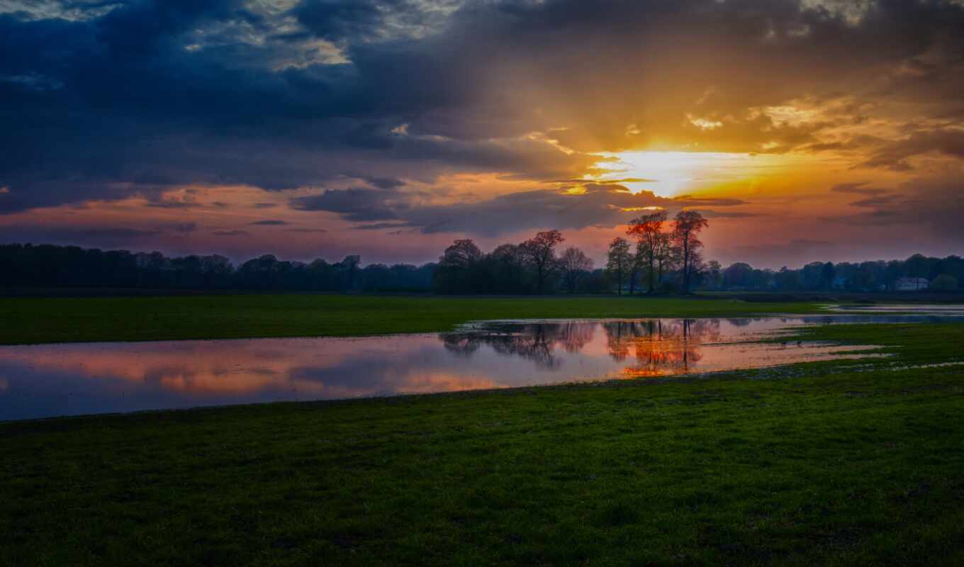 lake, sunset, field, evening, twilight