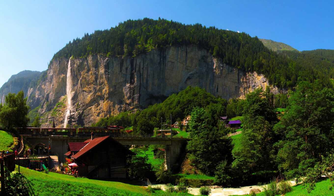 house, city, mountain, rock, Bridge, closely, swiss, Switzerland, bern, lauterbrunnen, lauterbrunnit
