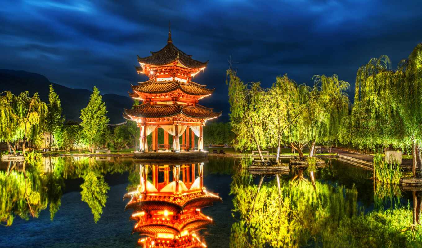 озеро, природа, building, trees, китаянка, пагода, пагоды, lijiang